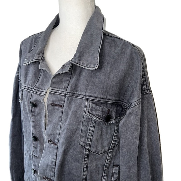 Free People  Denim Trucker Jacket Biker Y2K Button Gray Charcoal Coat M/L - Picture 2 of 11